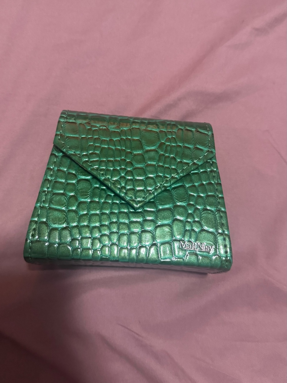 Anna Metallic Emerald Croc-Embossed Envelope Wallet